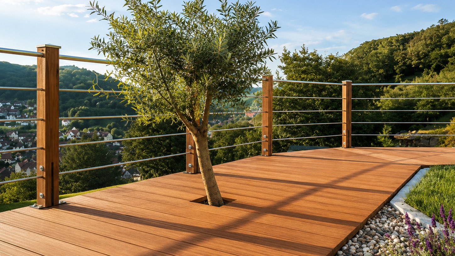 Terrasse aus Holzdielen mit Blick über die Pfalz