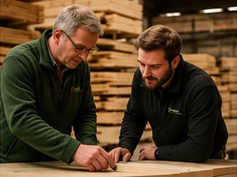 Zwei Mitarbeiter beraten an einem Holzstapel